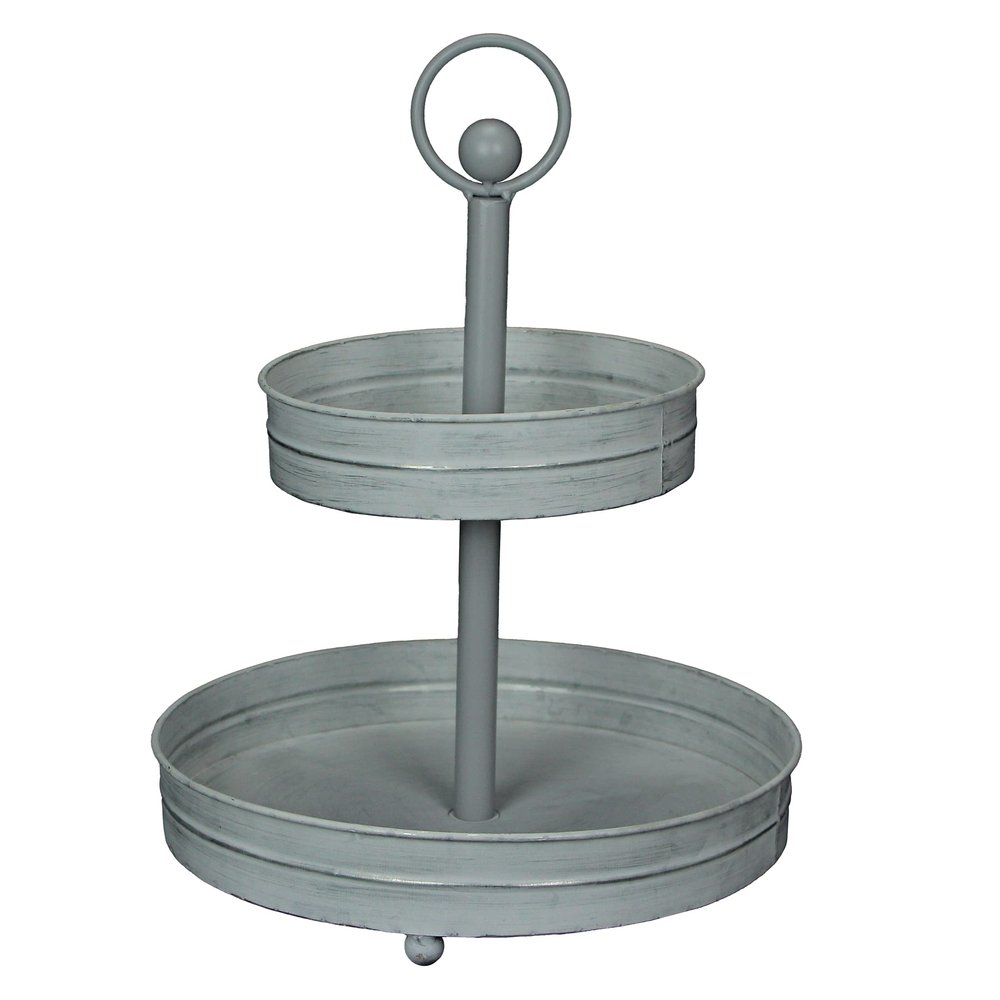 Distressed Washed White Metal Rustic Round Two-Tier Farmhouse Tray Serving Stand Display Decor  16 Inches High, Perfect for Country Kitchens and Homes