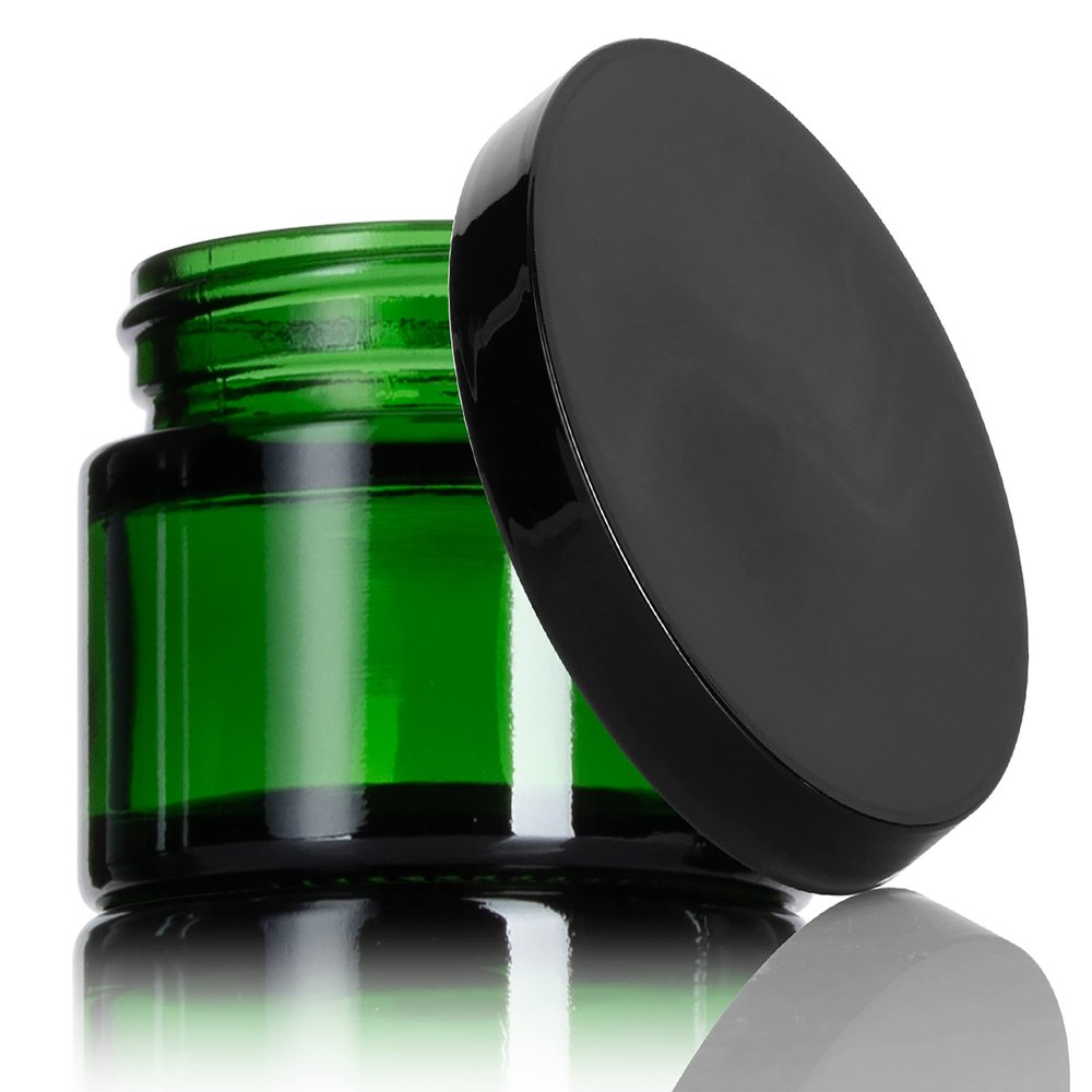 1 oz Green Glass Thick Wall Balm Jars with Black Smooth Foam Lined Lids (12 Pack)