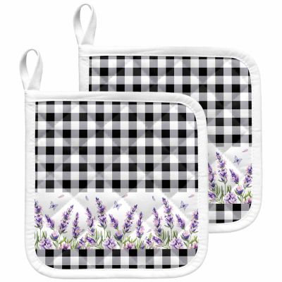2 PCS Lavender Plaid Pot Holders Sets With Hanging Loop,Thick Oven Pans Plate Bowl Heat Insulated Pads,Black White Buffalo Check Butter-fly Potholders Trivet Mat Coasters Counter Protector for Kitchen