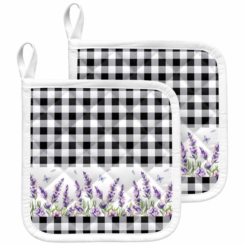 2 PCS Lavender Plaid Pot Holders Sets With Hanging Loop,Thick Oven Pans Plate Bowl Heat Insulated Pads,Black White Buffalo Check Butter-fly Potholders Trivet Mat Coasters Counter Protector for Kitchen