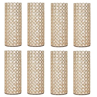 8 Pcs Gold Crystal Metal Tealight Candle Holder for Centerpieces, 10.4 inch Tall Blingbling Hurricane Candle Holder, Decorative Cylinder Vases for Centerpieces Room Decor Party