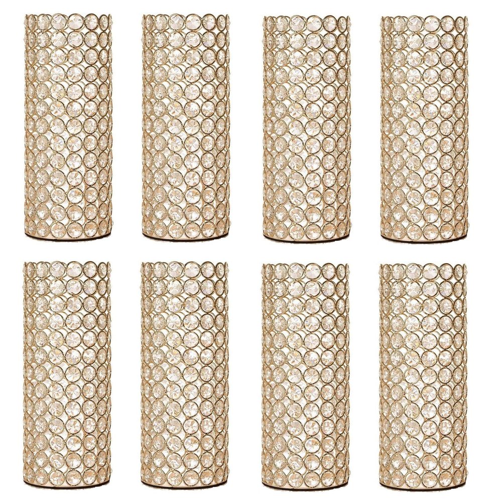 8 Pcs Gold Crystal Metal Tealight Candle Holder for Centerpieces, 10.4 inch Tall Blingbling Hurricane Candle Holder, Decorative Cylinder Vases for Centerpieces Room Decor Party