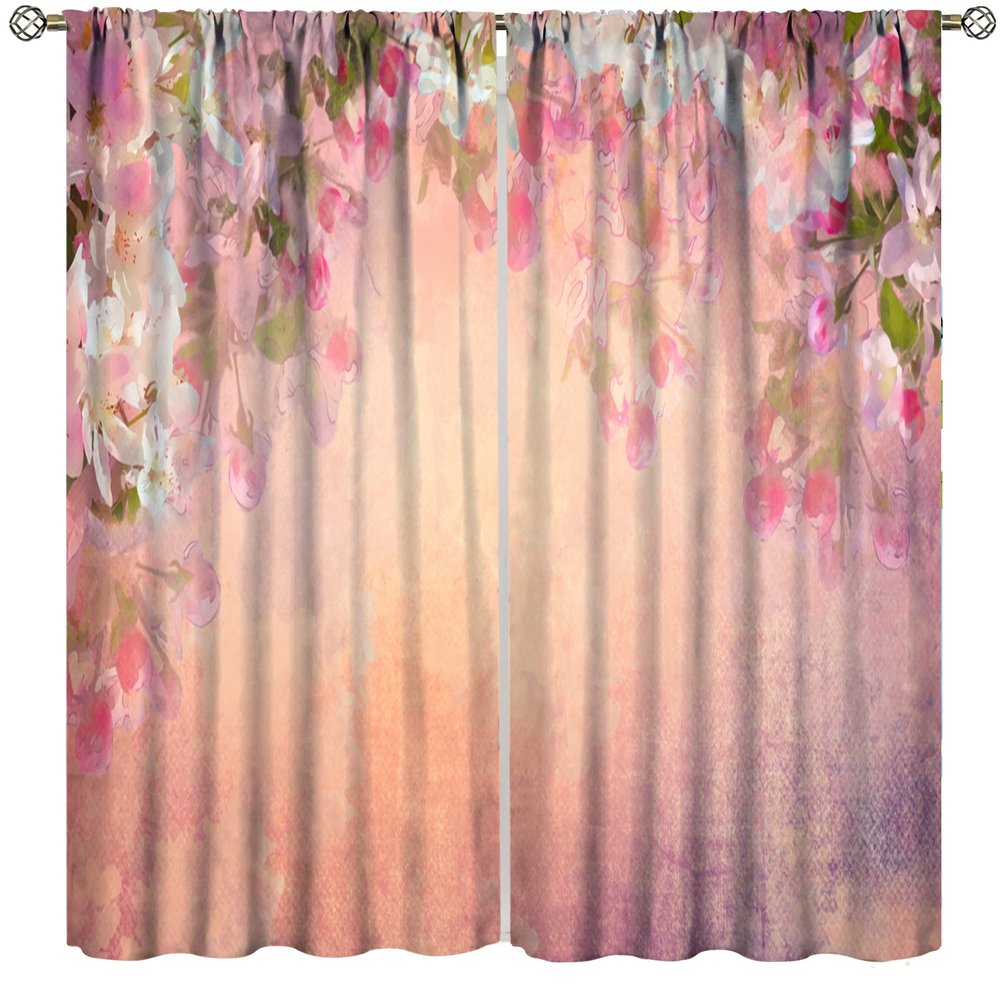 Cherry Blossom Curtain, Watercolor Hand Painted Flower Girls Bedroom Living Room Decorative Curtain,Pink 84x84in