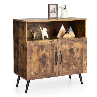 Giantex Mid-Century Storage Cabinet, Wooden Floor Cabinet with 2 Doors, Free-Standing Sideboard with Wine Glass Holders, Accent Side Cabinet for Living Room, Dining Room, Kitchen, Rustic Brown