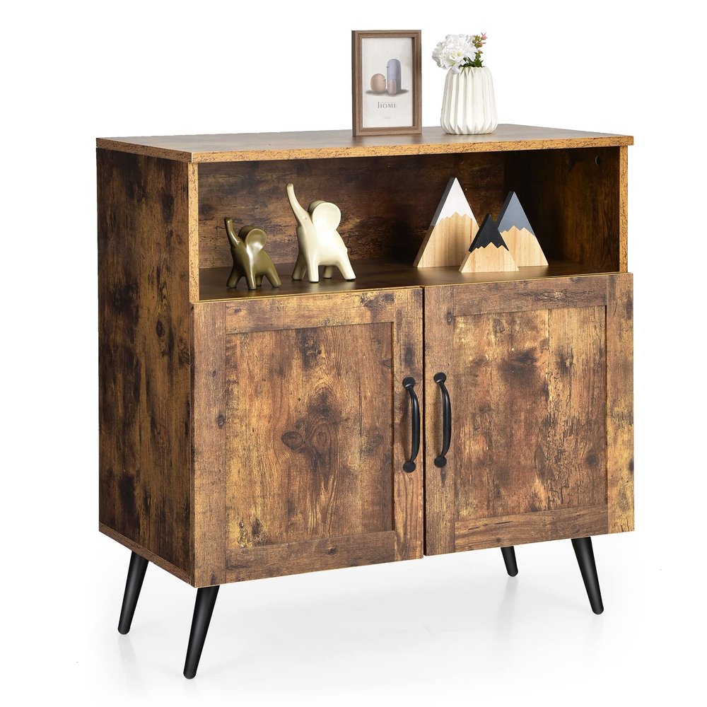 Giantex Mid-Century Storage Cabinet, Wooden Floor Cabinet with 2 Doors, Free-Standing Sideboard with Wine Glass Holders, Accent Side Cabinet for Living Room, Dining Room, Kitchen, Rustic Brown