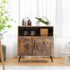 Giantex Mid-Century Storage Cabinet, Wooden Floor Cabinet with 2 Doors, Free-Standing Sideboard with Wine Glass Holders, Accent Side Cabinet for Living Room, Dining Room, Kitchen, Rustic Brown view 2
