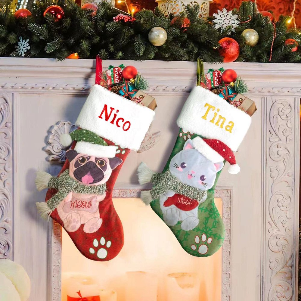 Ulico Personalized Christmas Stocking for Dogs Cats, Custom Pet Christmas Stockings,Decorations Hanging Ornaments with 3D Puppy Dog or Cat for Xmas Holiday Decor (5 Pcs)