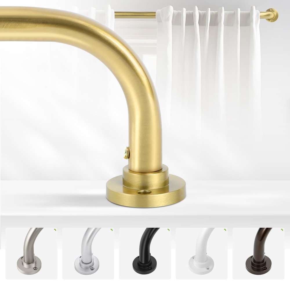 TANGWIN Gold Wrap Around Curtain Rods 28 to 48 Inch:Blackout Heavy duty Adjustable Window Curtain Rod for Bedroom,Industrial Darkening Curved French Metal Single Drapery Rods Easy Install,Brushed Gold