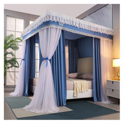 Bed Canopy Blue Luxury Bed Canopy, Bedroom Decorated Four-Season Bed Curtains, Dustproof and Warm, for Single Double Beds, with Mounting Bracket (Color : Blue, Size : 1.8x2x2m)