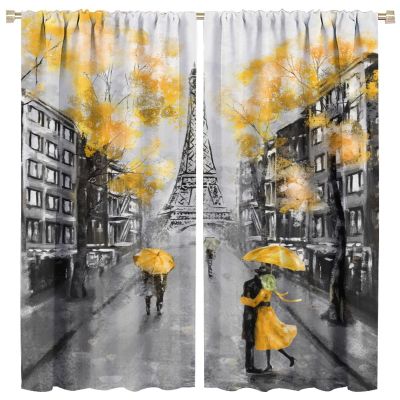 Paris Street Printed Curtain, Ink Painting Yellow Cherry Blossom Eiffel Tower Curtain, Bedroom Living Room Kitchen 42x45 Inch