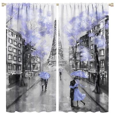 Eiffel Tower Curtain,Blue Paris Romantic Street Couple Bedroom Kitchen Curtain 2 Piece Set 84x84in
