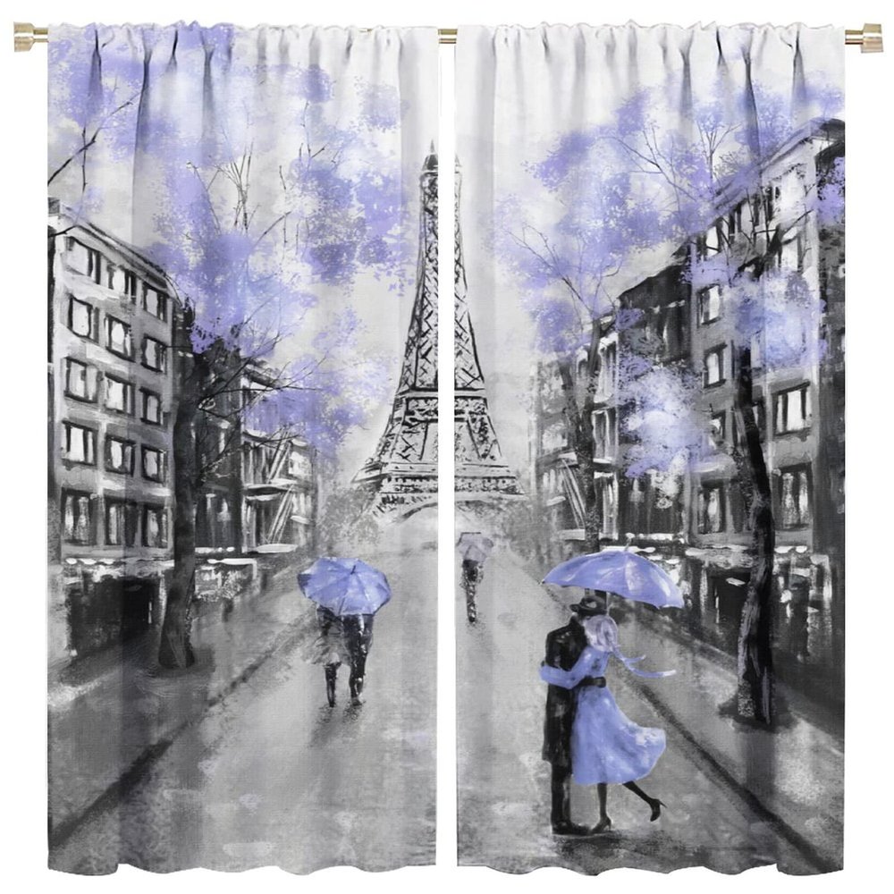 Eiffel Tower Curtain,Blue Paris Romantic Street Couple Bedroom Kitchen Curtain 2 Piece Set 84x84in