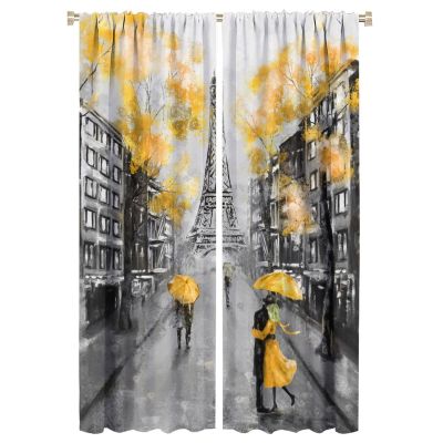 Paris Street Printed Curtain, Ink Painting Yellow Cherry Blossom Eiffel Tower Curtain, Bedroom Living Room Kitchen 52x84in