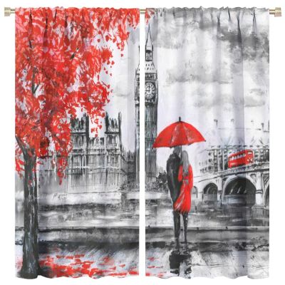 Red Cherry Blossom Curtain, Paris Romantic Street Couple Pattern Printed Curtain, Bedroom Living Room,Red 84x84in