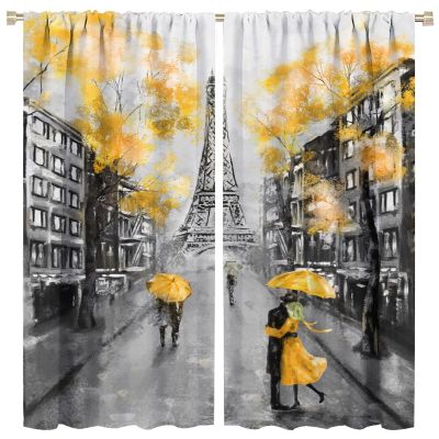 Paris Street Printed Curtain, Ink Painting Yellow Cherry Blossom Eiffel Tower Curtain, Bedroom Living Room Kitchen 84x84in