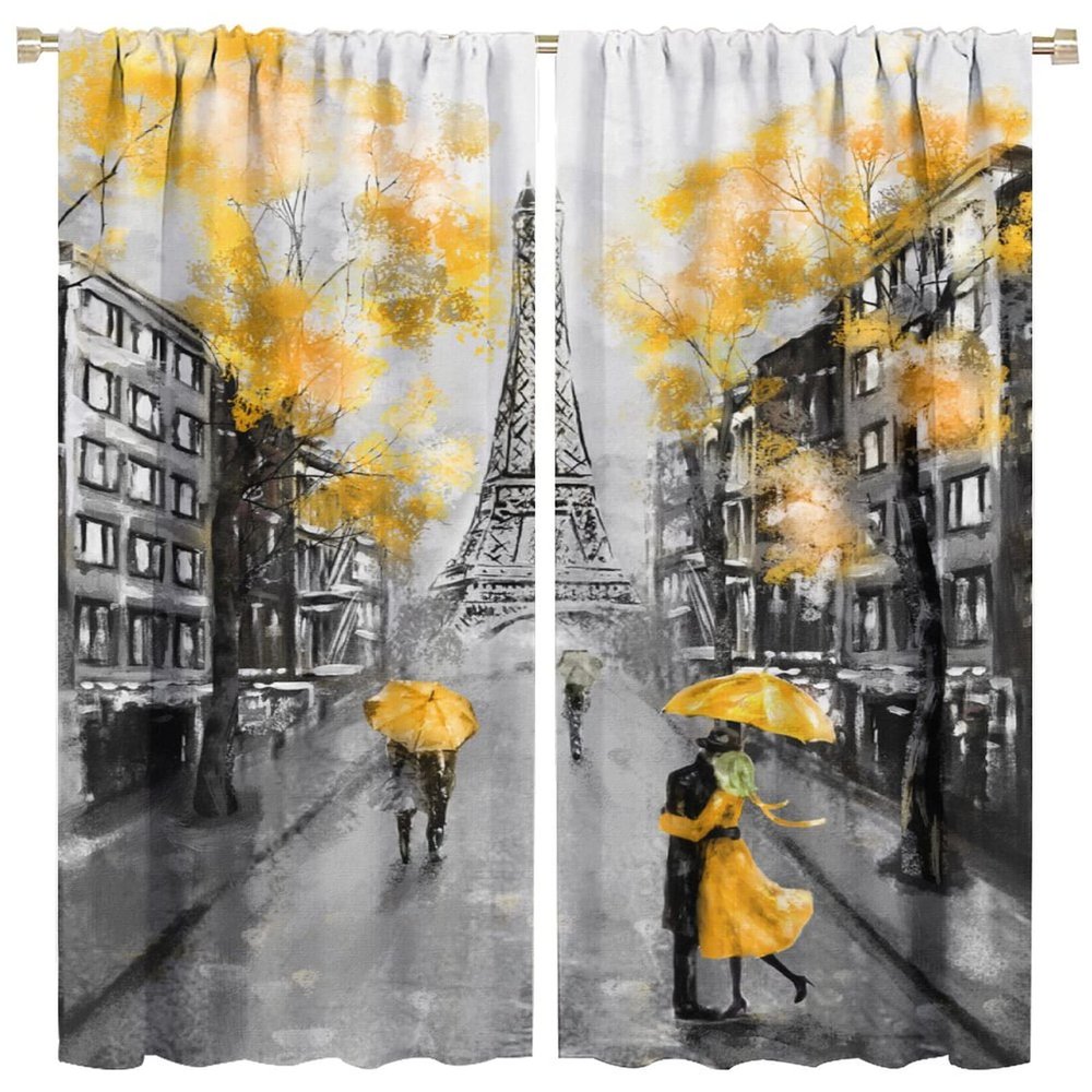 Paris Street Printed Curtain, Ink Painting Yellow Cherry Blossom Eiffel Tower Curtain, Bedroom Living Room Kitchen 84x84in