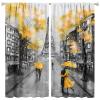Paris Street Printed Curtain, Ink Painting Yellow Cherry Blossom Eiffel Tower Curtain, Bedroom Living Room Kitchen 84x84in view 1