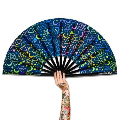 Raveahem UV Glow Rave Fan, Bamboo Folding Clack Hand Fans Foldable for Men Women, Poping Fan for EDM Festival Line Dance Decoration, (Alchemical Signs, Large 13")