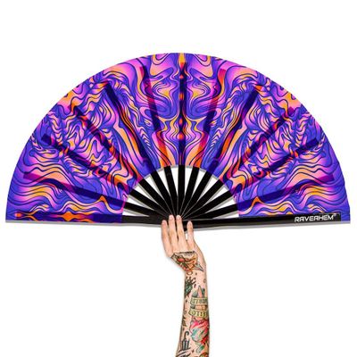 Raveahem UV Glow Rave Fan, Bamboo Folding Clack Hand Fans Foldable for Men Women, Poping Fan for EDM Festival Line Dance Decoration, (Wellen, Large 13")
