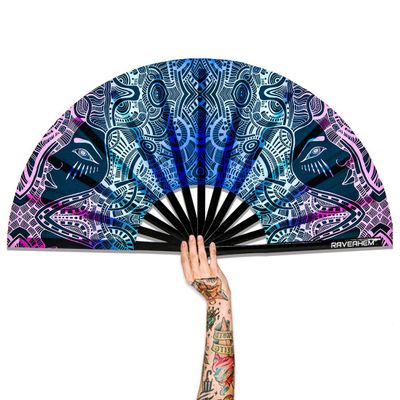 Raveahem UV Glow Rave Fan, Bamboo Folding Clack Hand Fans Foldable for Men Women, Poping Fan for EDM Festival Line Dance Decoration, (Kaleidoscope Girls, Large 13")