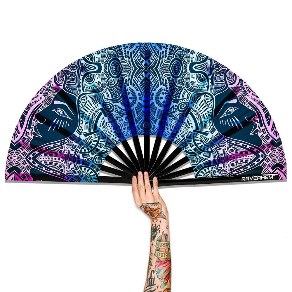 Raveahem UV Glow Rave Fan, Bamboo Folding Clack Hand Fans Foldable for Men Women, Poping Fan for EDM Festival Line Dance Decoration, (Kaleidoscope Girls, Large 13")