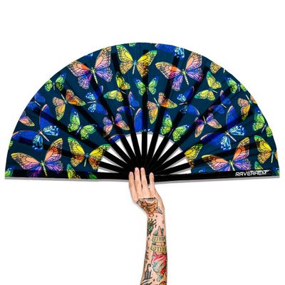 Raveahem UV Glow Rave Fan, Bamboo Folding Clack Hand Fans Foldable for Men Women, Poping Fan for EDM Festival Line Dance Decoration, (Butterfly-1, Large 13")