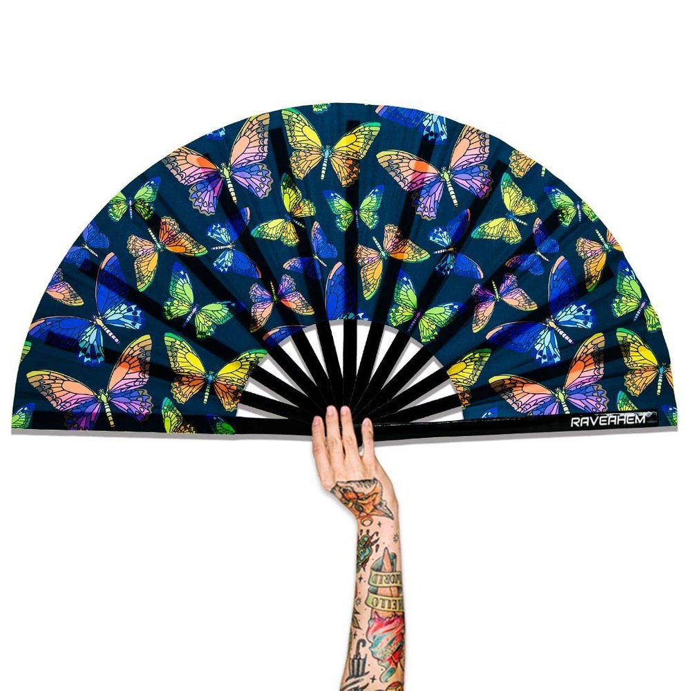Raveahem UV Glow Rave Fan, Bamboo Folding Clack Hand Fans Foldable for Men Women, Poping Fan for EDM Festival Line Dance Decoration, (Butterfly-1, Large 13")