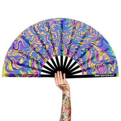 Raveahem UV Glow Rave Fan, Bamboo Folding Clack Hand Fans Foldable for Men Women, Poping Fan for EDM Festival Line Dance Decoration, (Waves-2, Large 13")