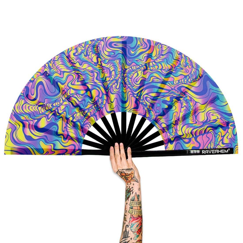 Raveahem UV Glow Rave Fan, Bamboo Folding Clack Hand Fans Foldable for Men Women, Poping Fan for EDM Festival Line Dance Decoration, (Waves-2, Large 13")