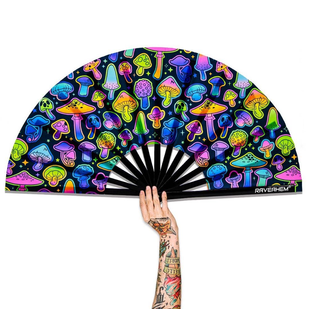 Raveahem UV Glow Rave Fan, Bamboo Folding Clack Hand Fans Foldable for Men Women, Poping Fan for EDM Festival Line Dance Decoration, (Magic Mushrooms, Large 13")