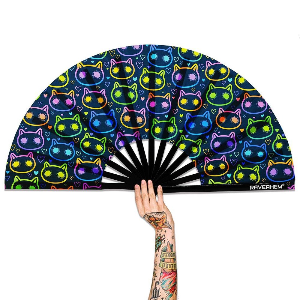 Raveahem UV Glow Rave Fan, Bamboo Folding Clack Hand Fans Foldable for Men Women, Poping Fan for EDM Festival Line Dance Decoration, (Cute Cat, Large 13")