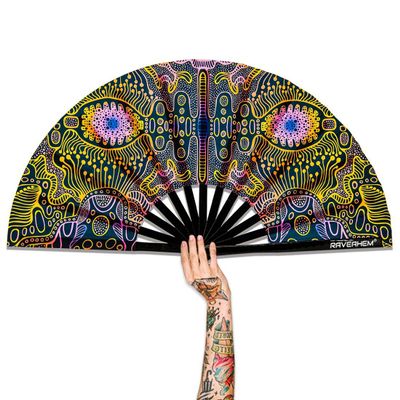 Raveahem UV Glow Rave Fan, Bamboo Folding Clack Hand Fans Foldable for Men Women, Poping Fan for EDM Festival Line Dance Decoration, (Space Psychedelic, Large 13")