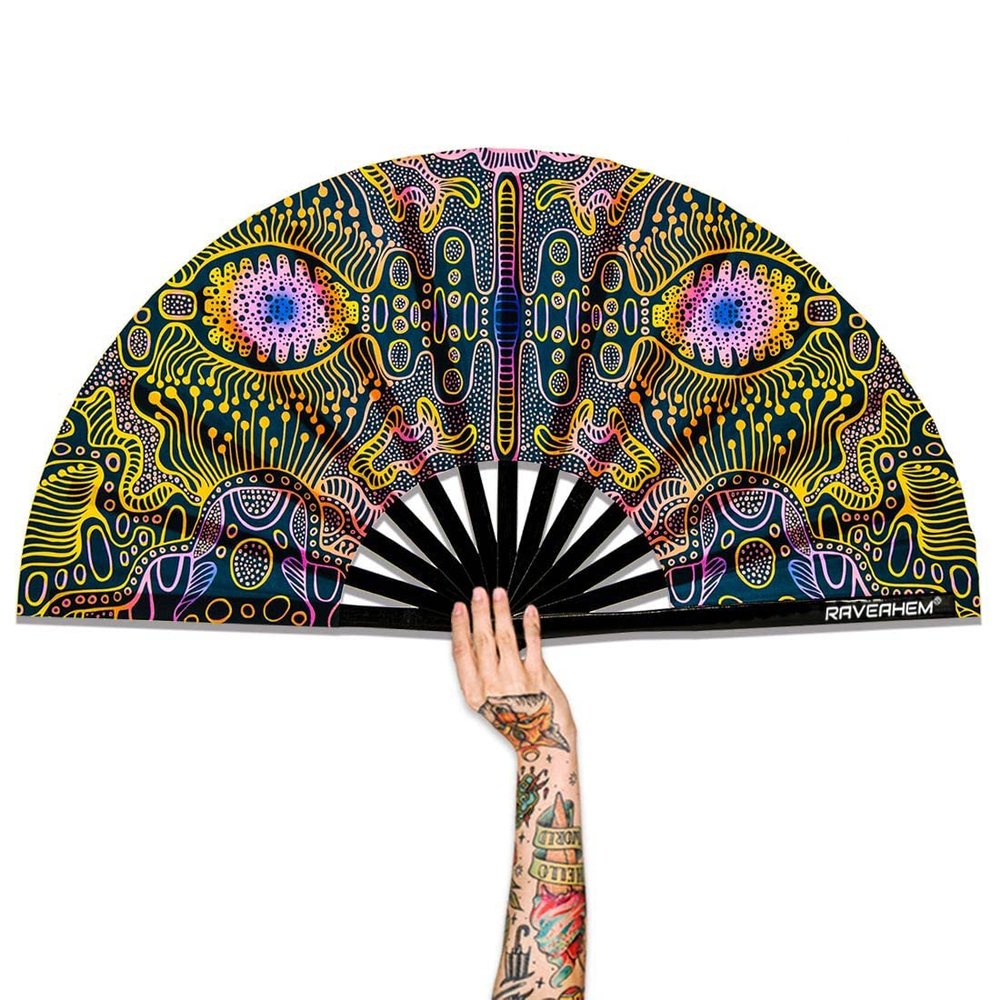 Raveahem UV Glow Rave Fan, Bamboo Folding Clack Hand Fans Foldable for Men Women, Poping Fan for EDM Festival Line Dance Decoration, (Space Psychedelic, Large 13")