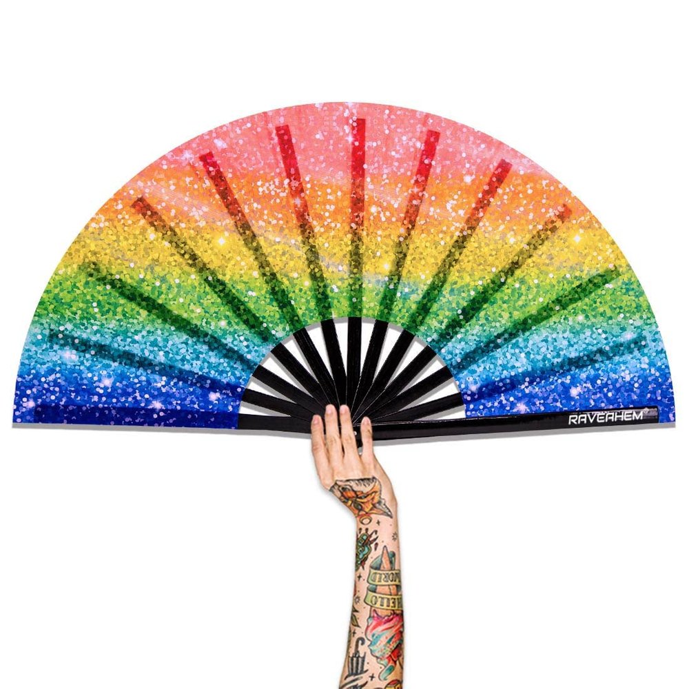 Raveahem UV Glow Rave Fan, Bamboo Folding Clack Hand Fan for Men Women (Glitter Rainbow, Large 13")
