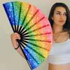 Raveahem UV Glow Rave Fan, Bamboo Folding Clack Hand Fan for Men Women (Glitter Rainbow, Large 13") view 3