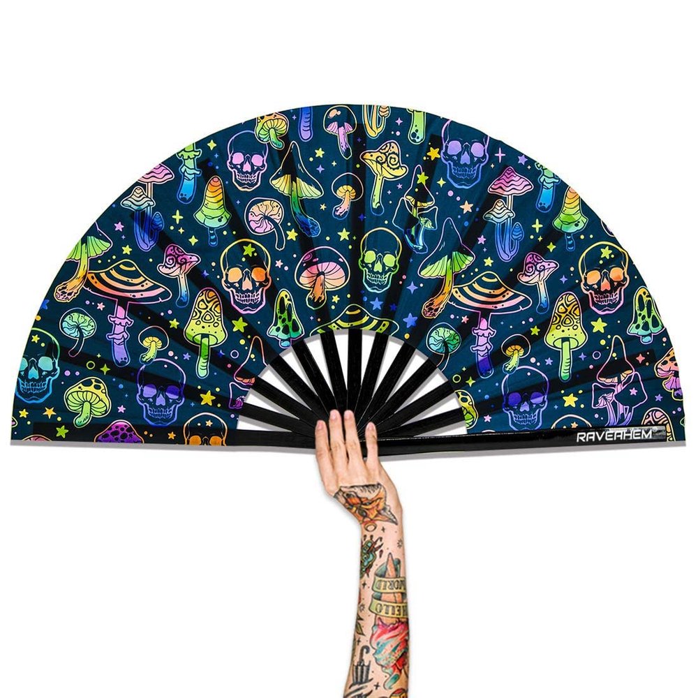Raveahem UV Glow Rave Fan, Bamboo Folding Clack Hand Fans Foldable for Men Women, Poping Fan for EDM Festival Line Dance Decoration, (Mushrooms and Skulls, Large 13")