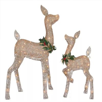 Glittering Brown Reindeer Set, Doe and Fawn - Clear Lights - Pre-Lit, Holiday Decor