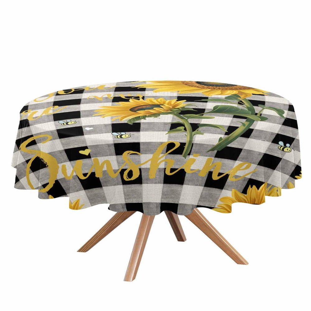 Round Tablecloth-60inch,Farm Sunflower Bumble Bee Buffalo Check Table Cloth Waterproof Oil-Proof Tablecloths Washable Tablecover for Kitchen Dining Buffet Tabletop Pastoral Floral Sunshine Quotes
