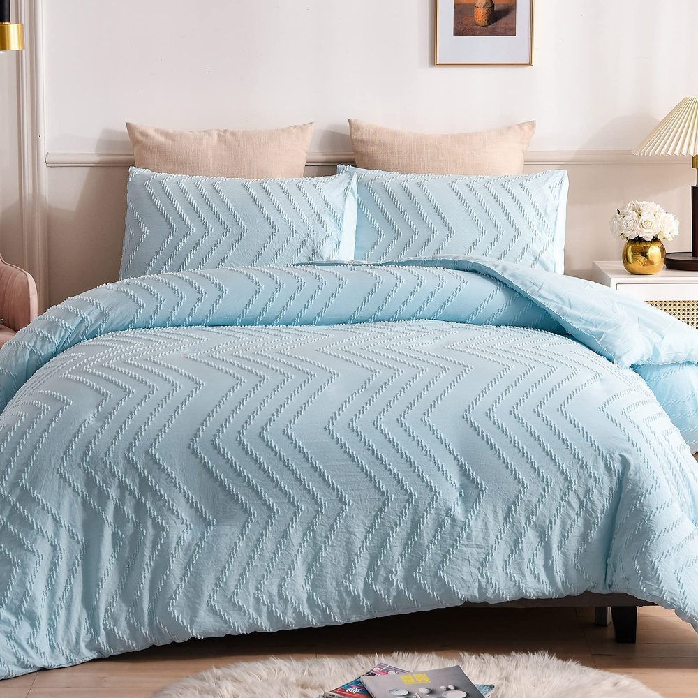 QIZEKLUM Housse De Couette 220X240 cm Plisse avec Gomtrique Housse De Couette Ensemble De Literie 3 Pice Microfibre, 1 Housse De Couettes E 2 Taies d'oreiller,Blue,228X228cm