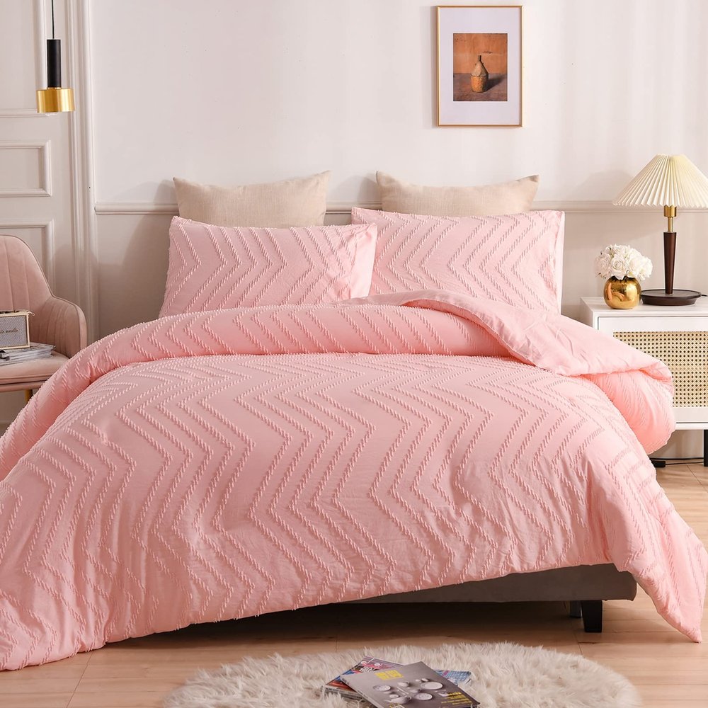 QIZEKLUM Housse De Couette 220X240 cm Plisse avec Gomtrique Housse De Couette Ensemble De Literie 3 Pice Microfibre, 1 Housse De Couettes E 2 Taies d'oreiller,Pink,200X200cm