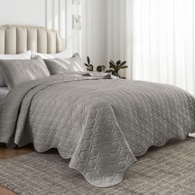 Auemtyn Full/Queen Size Quilt Set 3 Pieces, Soft Lightweight Summer Bedspread, Reversible Microfiber Bed Coverlet for All Seasons, Grey, Geometric Pattern (1 Quilt, 2 Pillow Shams)