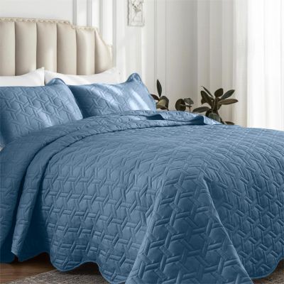 Auemtyn King Size Quilt Set 3 Pieces, Soft Lightweight Summer Bedspread, Reversible Microfiber Bed Coverlet for All Seasons, Bluish Grey, Geometric Pattern (1 Quilt, 2 Pillow Shams)