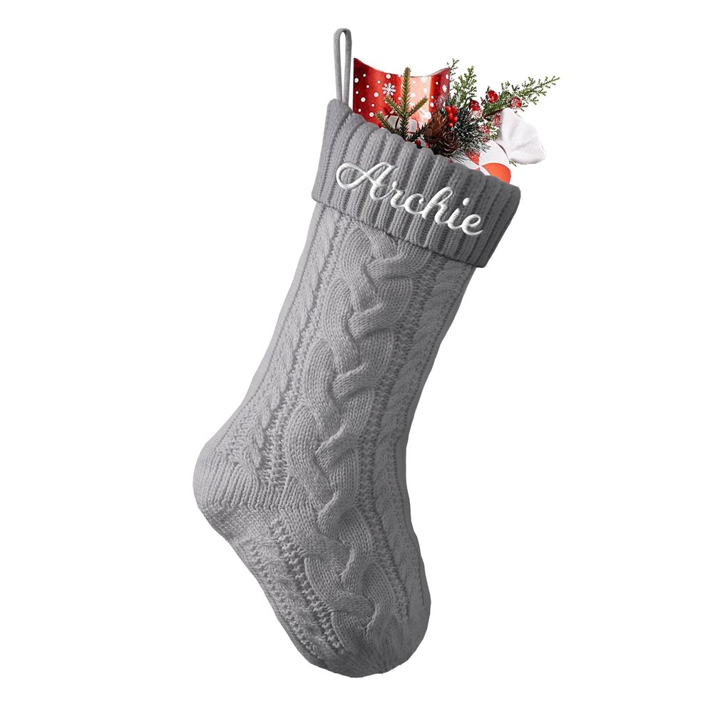 Cysincos Personalized Christmas Stockings Custom Name Family Christmas Stockings 18" Large Knitted Xmas Fireplace Hanging Stocking for Kids,Stocking for Holiday Family Party Decoration Grey