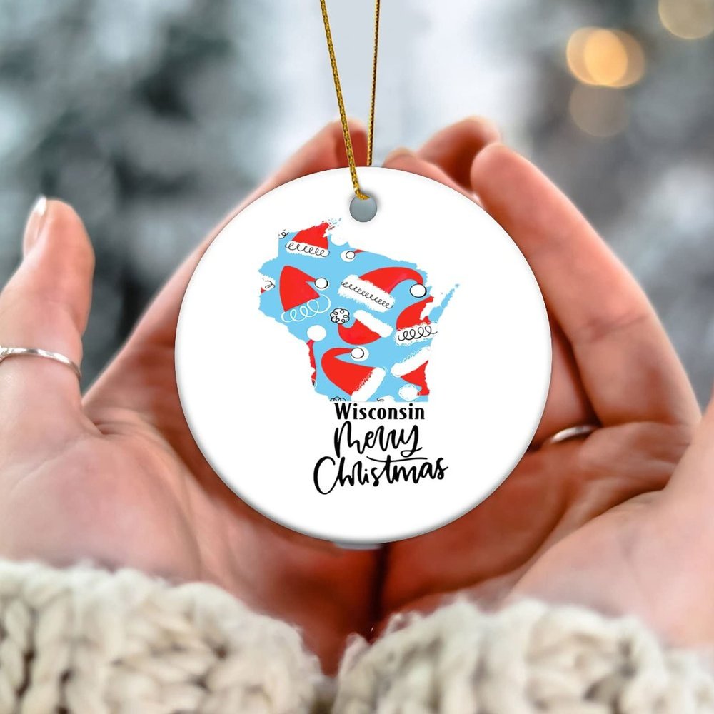 Wisconsin Circle Ornament, Wisconsin State Sweet Home Merry Christmas Ceramic Ornaments for Christmas Tree New Year Holiday Decor
