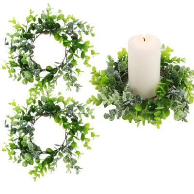 Beavorty 2pcs Eucalyptus Leaves Wreaths Candle Rings Christmas Wreaths Votive Candle Holder Centerpiece for Winter Holiday Xmas Fireplace Mantle Decor