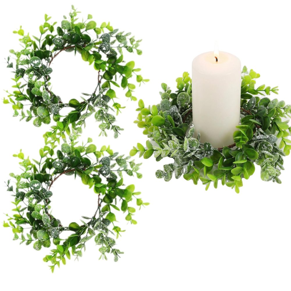 Beavorty 2pcs Eucalyptus Leaves Wreaths Candle Rings Christmas Wreaths Votive Candle Holder Centerpiece for Winter Holiday Xmas Fireplace Mantle Decor