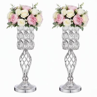 20in Metal Crystal Wedding Centerpiece Vases for Tables, Set of 2 Silver Trumpet Flower Vase Stands for Wedding Party Reception Dining Room Living Room Dcor