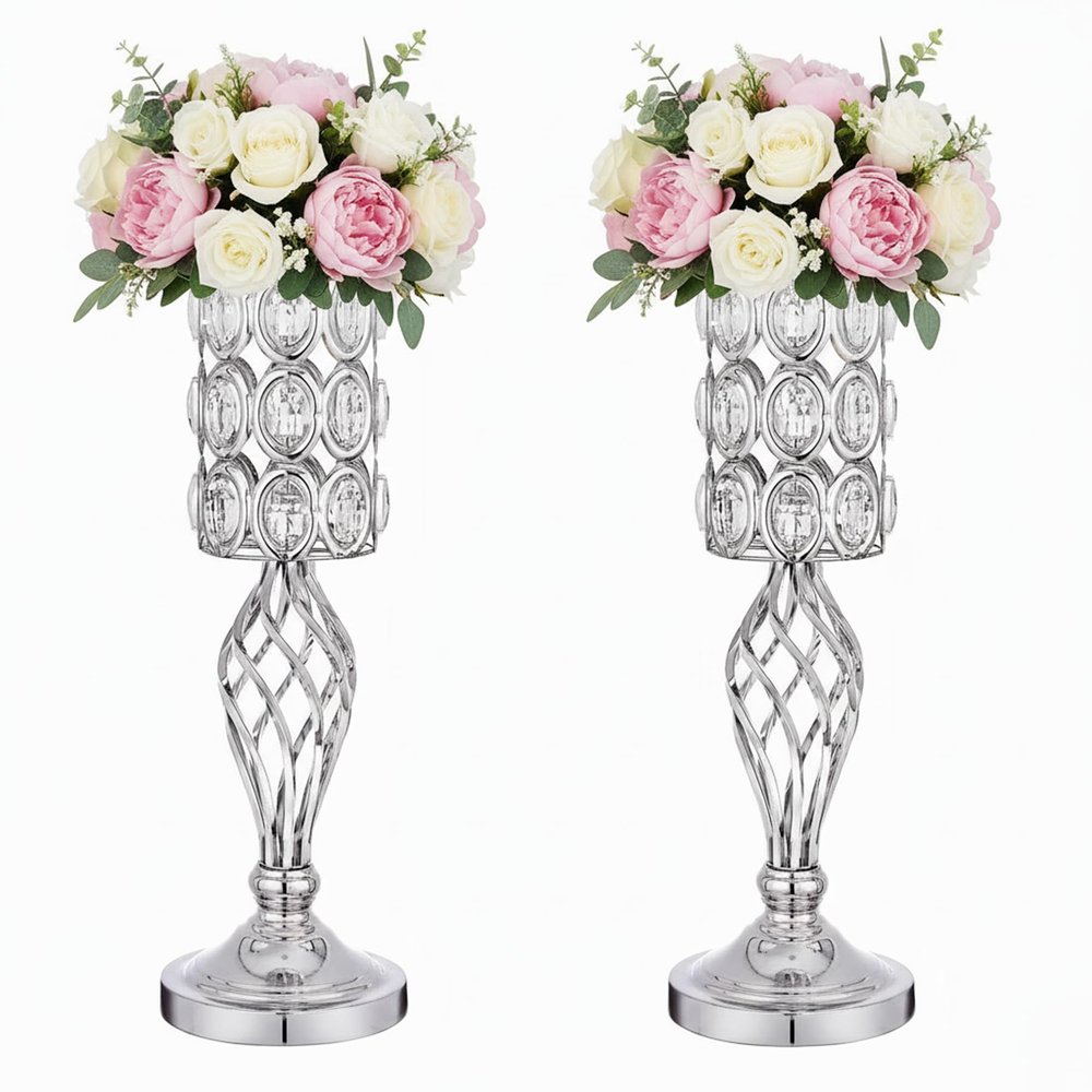 20in Metal Crystal Wedding Centerpiece Vases for Tables, Set of 2 Silver Trumpet Flower Vase Stands for Wedding Party Reception Dining Room Living Room Dcor