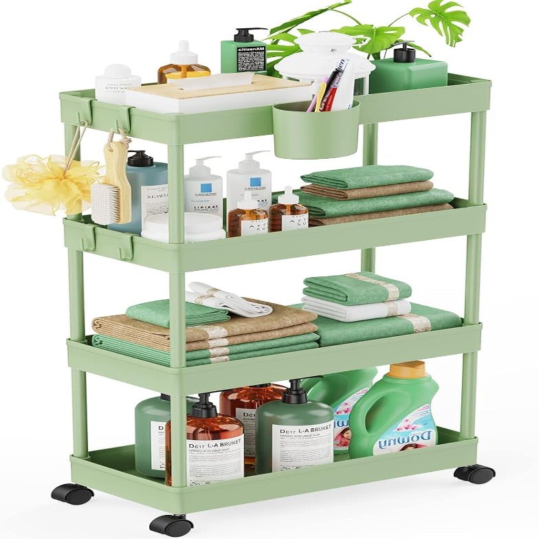 LEHOM Slim Rolling Storage Cart - 4 Tiers Bathroom Organizer Utility Cart Slide Out Storage Shelves Mobile Shelving Unit for Kitchen, Bedroom, Office, Laundry Room, Small Narrow Spaces7.1" W+Green