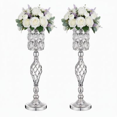 24in Metal Diamond Crystal Wedding Centerpiece Vases for Tables, Set of 2 Silver Versatile Tall Flower Holders Centerpiece Flower Stands for Wedding Party Reception Home Dcor
